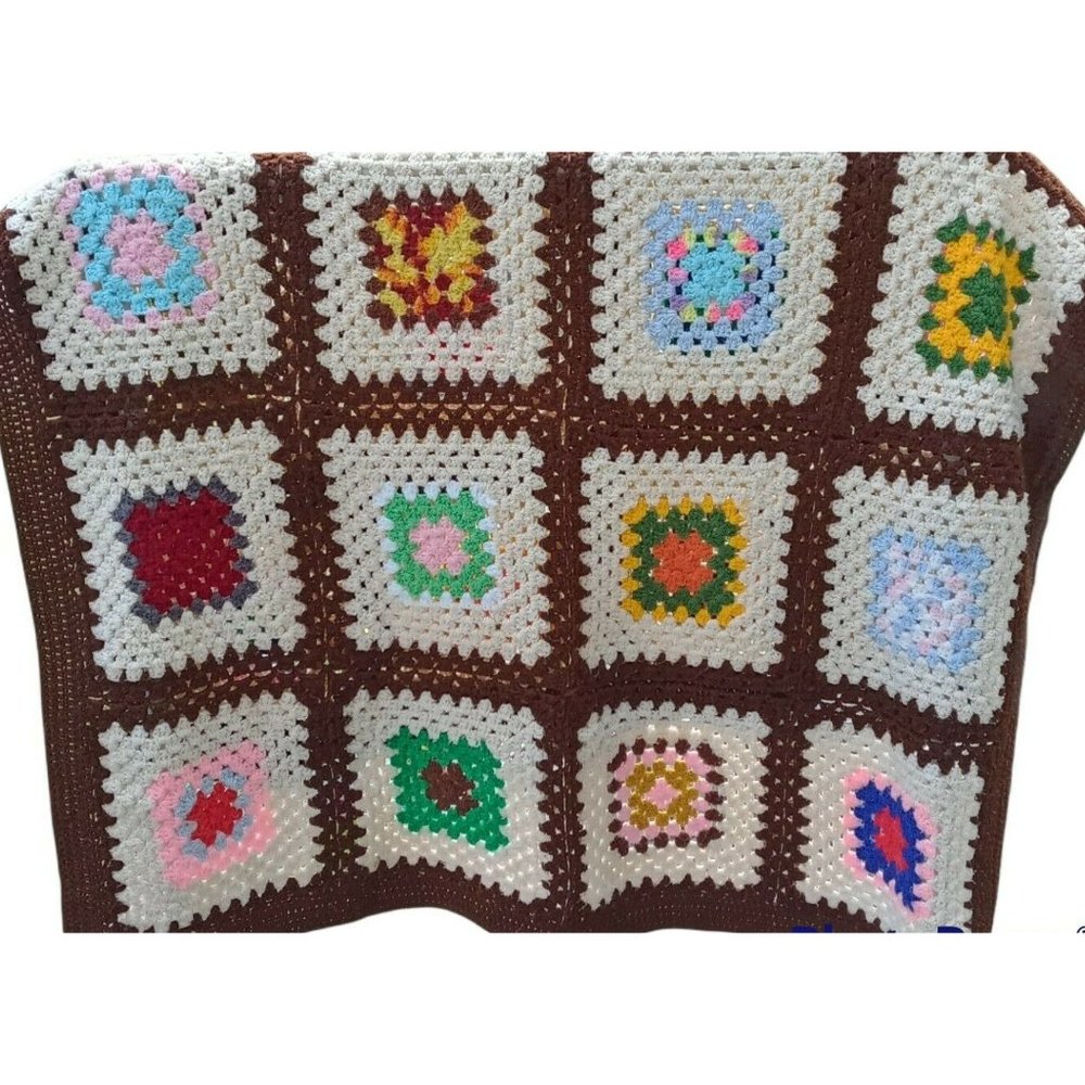 Granny Squares Handmade Crochet Twin Blanket Brown Warm 60" X 40" New Multicolor
